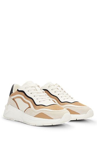 Mixed-material lace-up trainers with embroidered mesh, Light Beige
