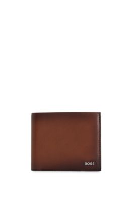Hugo Boss Leather Wallet With Polished-silver Lettering In Brown