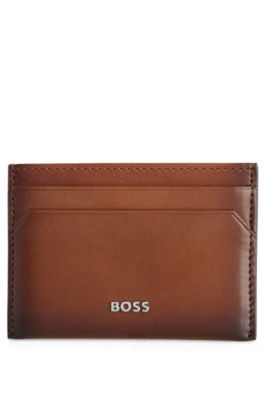 Shop Hugo Boss Leather Card Holder With Logo Lettering In Brown