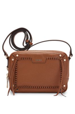 BOSS/HUGO BOSS ビンテージレザーボストンバック ブラウン BOSS - Grained-leather crossbody bag with whipstitch details