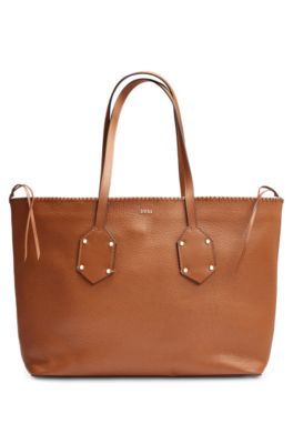 Shop Hugo Boss Grained-leather Shopper Bag With Whipstitch Details In Brown