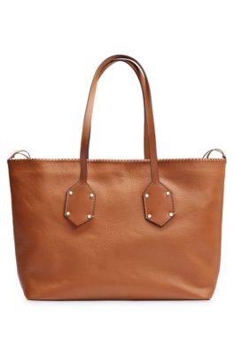 Grained-leather shopper bag with whipstitch details, Brown