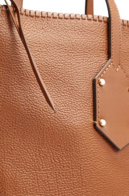 Grained-leather shopper bag with whipstitch details, Brown