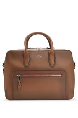 Shop Hugo Boss Leather Document Case With Polished Logo Lettering In Brown