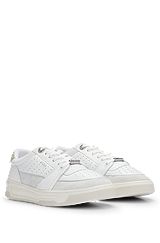 Leather trainers with suede trims and perforations, White