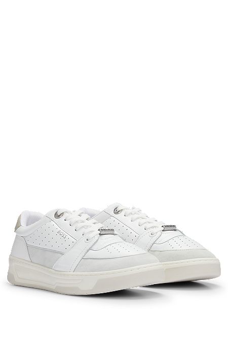 Leather trainers with suede trims and perforations, White