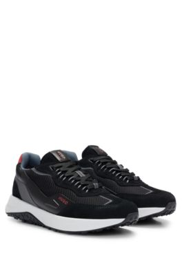 Shop Hugo Leather Lace-up Trainers With Mesh Trims In Black