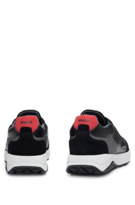 Leather lace-up trainers with mesh trims, Black