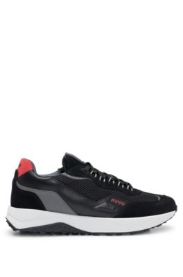 Leather lace-up trainers with mesh trims, Black