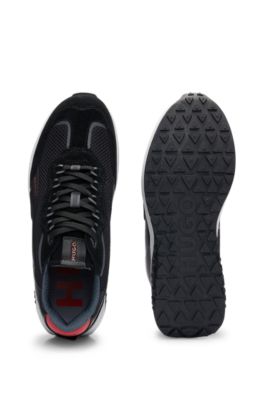 Leather lace-up trainers with mesh trims, Black