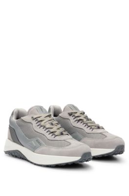 Shop Hugo Leather Lace-up Trainers With Mesh Trims In Light Beige