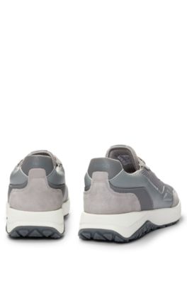 Leather lace-up trainers with mesh trims, Light Beige