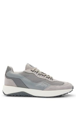 Leather lace-up trainers with mesh trims, Light Beige