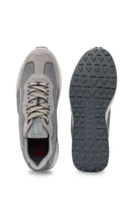 Leather lace-up trainers with mesh trims, Light Beige