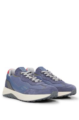 Shop Hugo Leather Lace-up Trainers With Mesh Trims In Light Blue