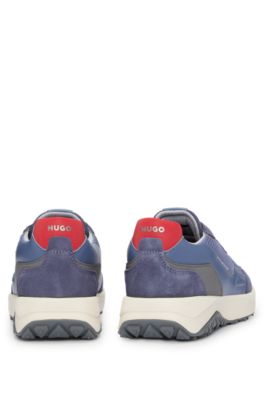 Leather lace-up trainers with mesh trims, Light Blue