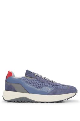 Leather lace-up trainers with mesh trims, Light Blue