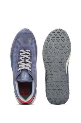 Leather lace-up trainers with mesh trims, Light Blue