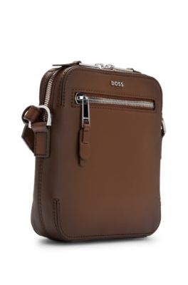 Leather reporter bag with metallic logo lettering, Brown
