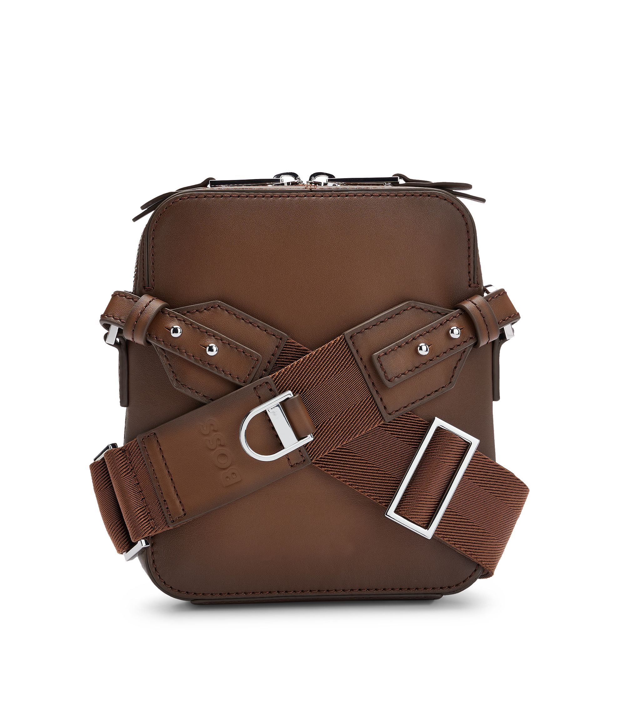 BOSS - Leather reporter bag with metallic logo lettering - Brown BOSS - Leather reporter bag with metallic logo lettering - Brown