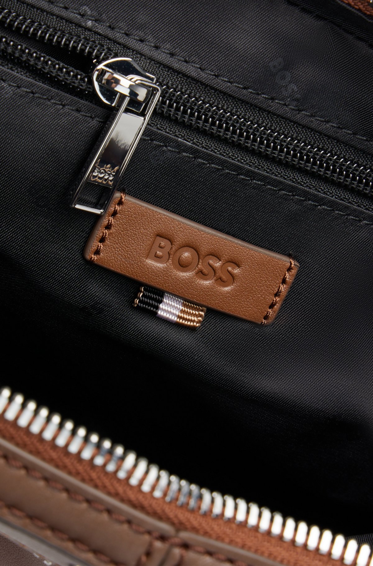 BOSS - Leather reporter bag with metallic logo lettering - Brown BOSS - Leather reporter bag with metallic logo lettering - Brown