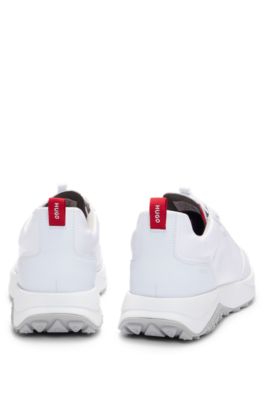 Mixed-material lace-up trainers with branded laces, White