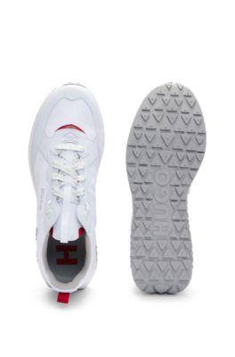 Mixed-material lace-up trainers with branded laces, White
