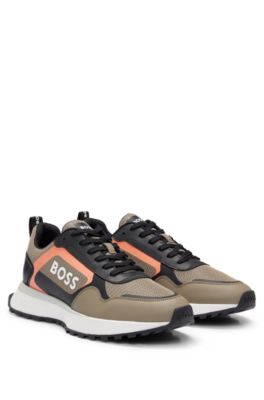 Hugo Boss Mixed-material Lace-up Trainers With Faux Leather In Light Green