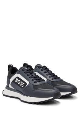 Hugo Boss Mixed-material Lace-up Trainers With Faux Leather In Dark Blue