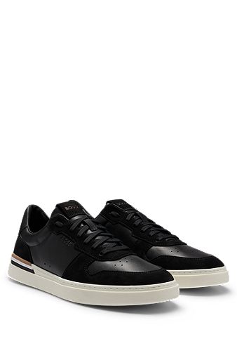 Cupsole lace-up trainers in leather and suede, Black