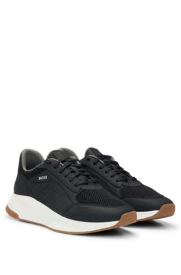 BOSS - Leather lace-up trainers with mesh trims