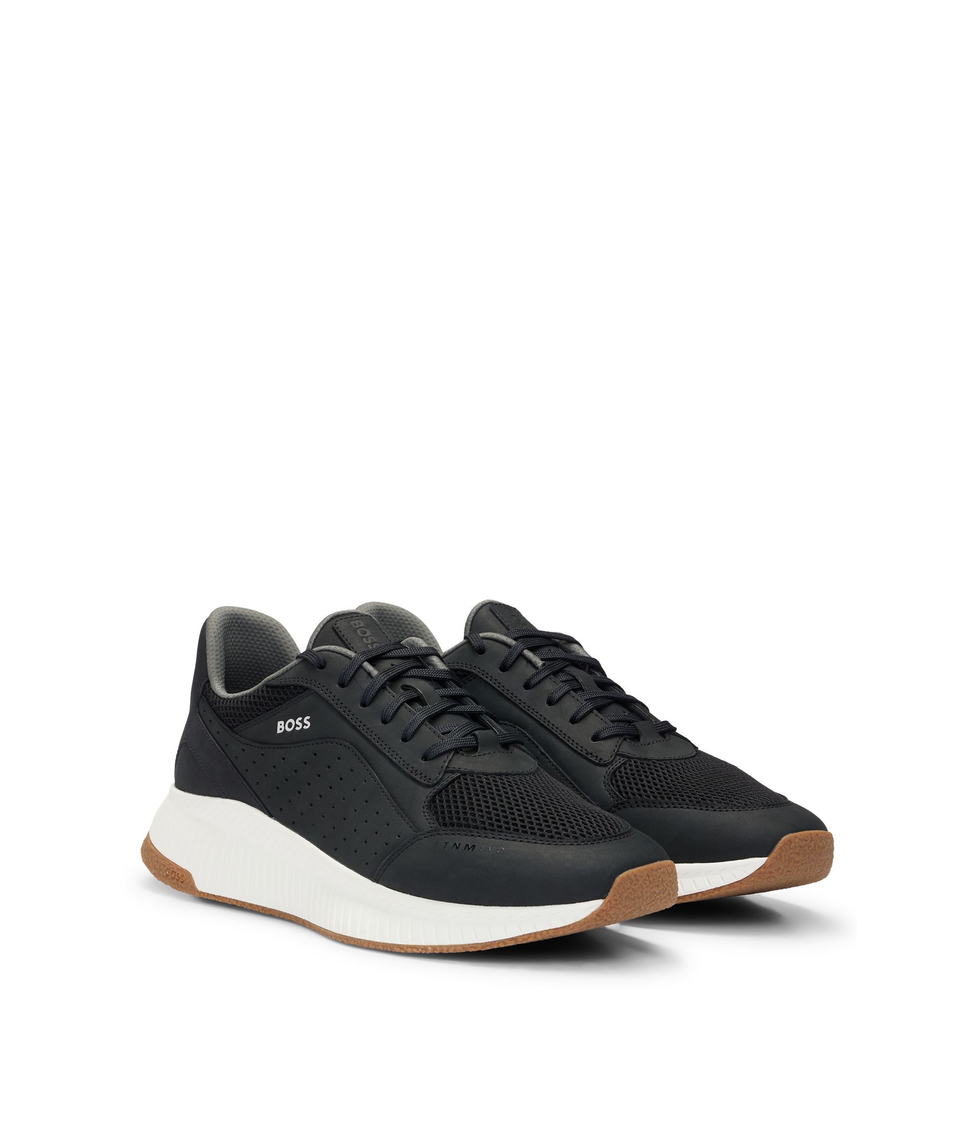 BOSS Deportivas de piel con cordones y ribetes de malla Negro