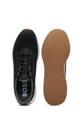 Deportivas de piel con cordones y ribetes de malla, Negro