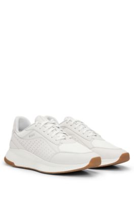 Shop Hugo Boss Ttnm Evo Leather Lace-up Trainers With Mesh Trims In White