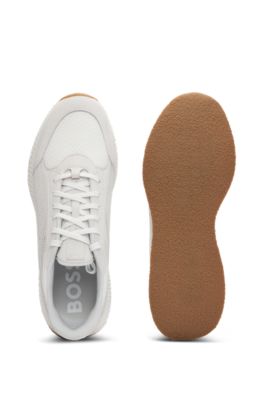 Baskets &agrave; lacets en cuir avec finitions en mesh, Blanc