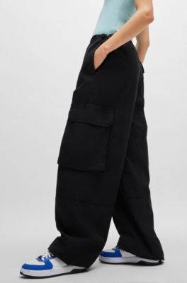 Oversize-fit parachute trousers in cotton poplin, Black