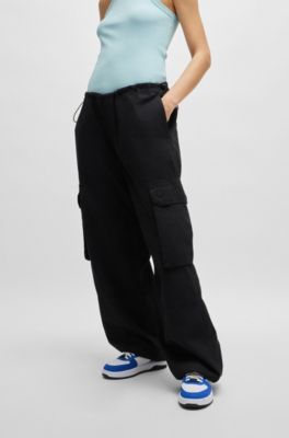 Oversize-fit parachute trousers in cotton poplin, Black