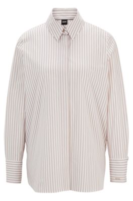 Shop Hugo Boss Tailored Blouse In Striped Cotton With Concealed Placket In Patterned