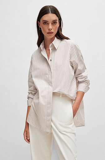 Tailored blouse in striped cotton with concealed placket, Patterned
