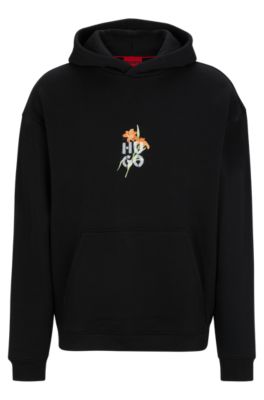 “HUGO BOSS” フレイムロゴフーディー Black HUGO - Oversize-fit hoodie with floral artwork - Black