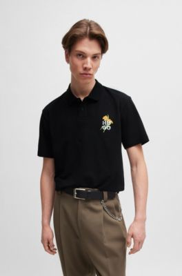 Polo de piqu&eacute; de algod&oacute;n con ilustraci&oacute;n de logo, Negro