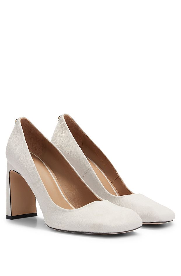Suede pumps with 9cm heel and branded trim, White