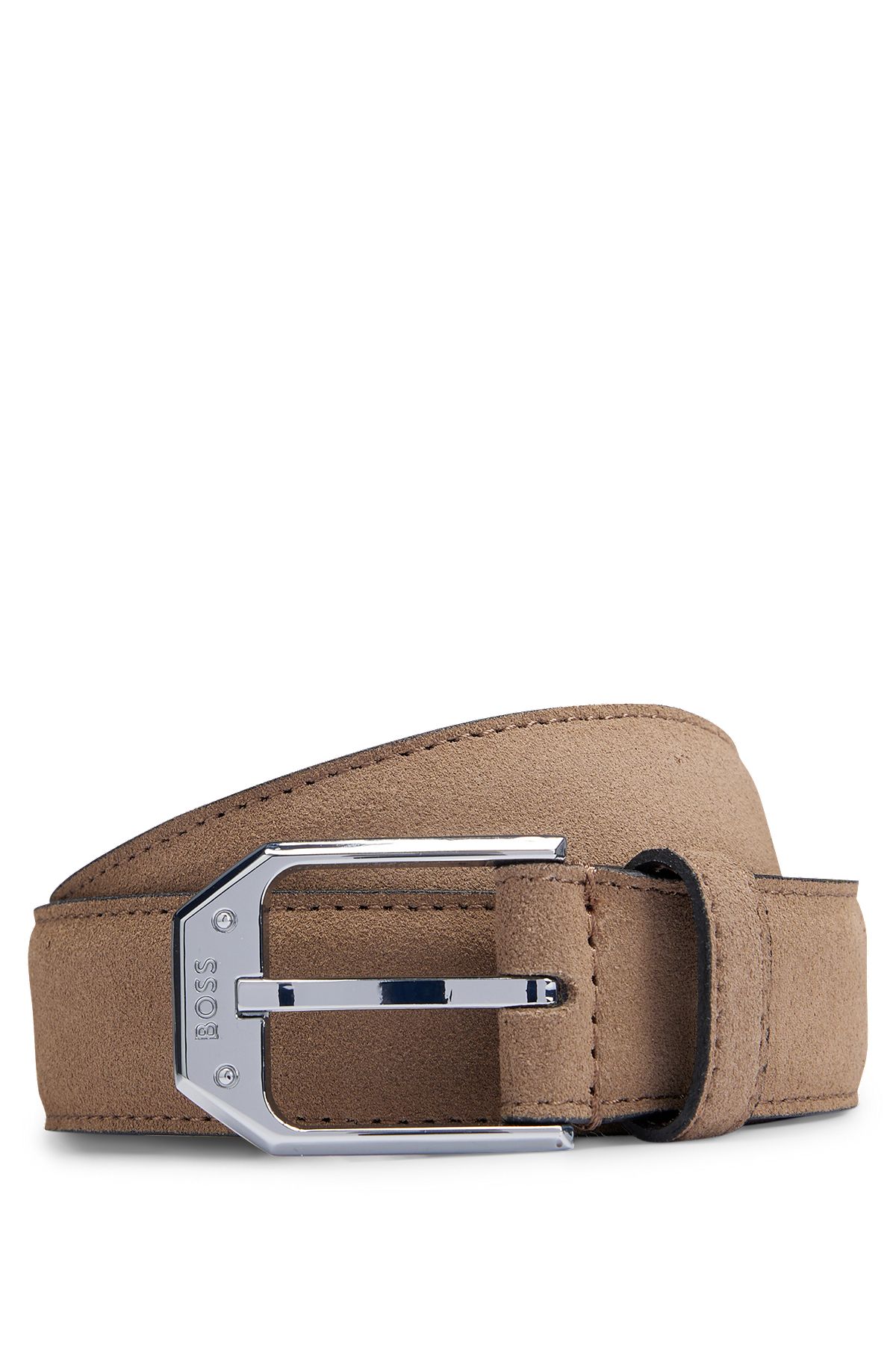 Cinturón de ante fabricado en Italia con hebilla angular de la marca, Beige