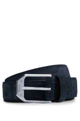 Shop Hugo Boss Italian-made Suede Belt With Angular Branded Buckle In Dark Blue