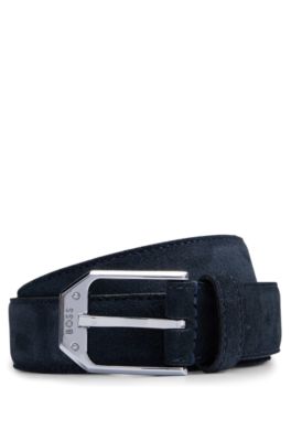 Italian-made suede belt with angular branded buckle, Dark Blue