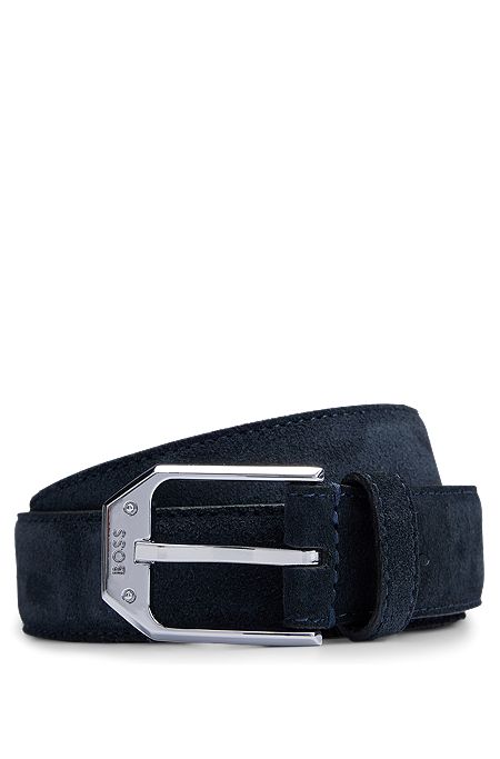 Cinturón de ante fabricado en Italia con hebilla angular de la marca, Azul oscuro