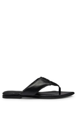 Leather thong sandals with stacked logo trim, Black