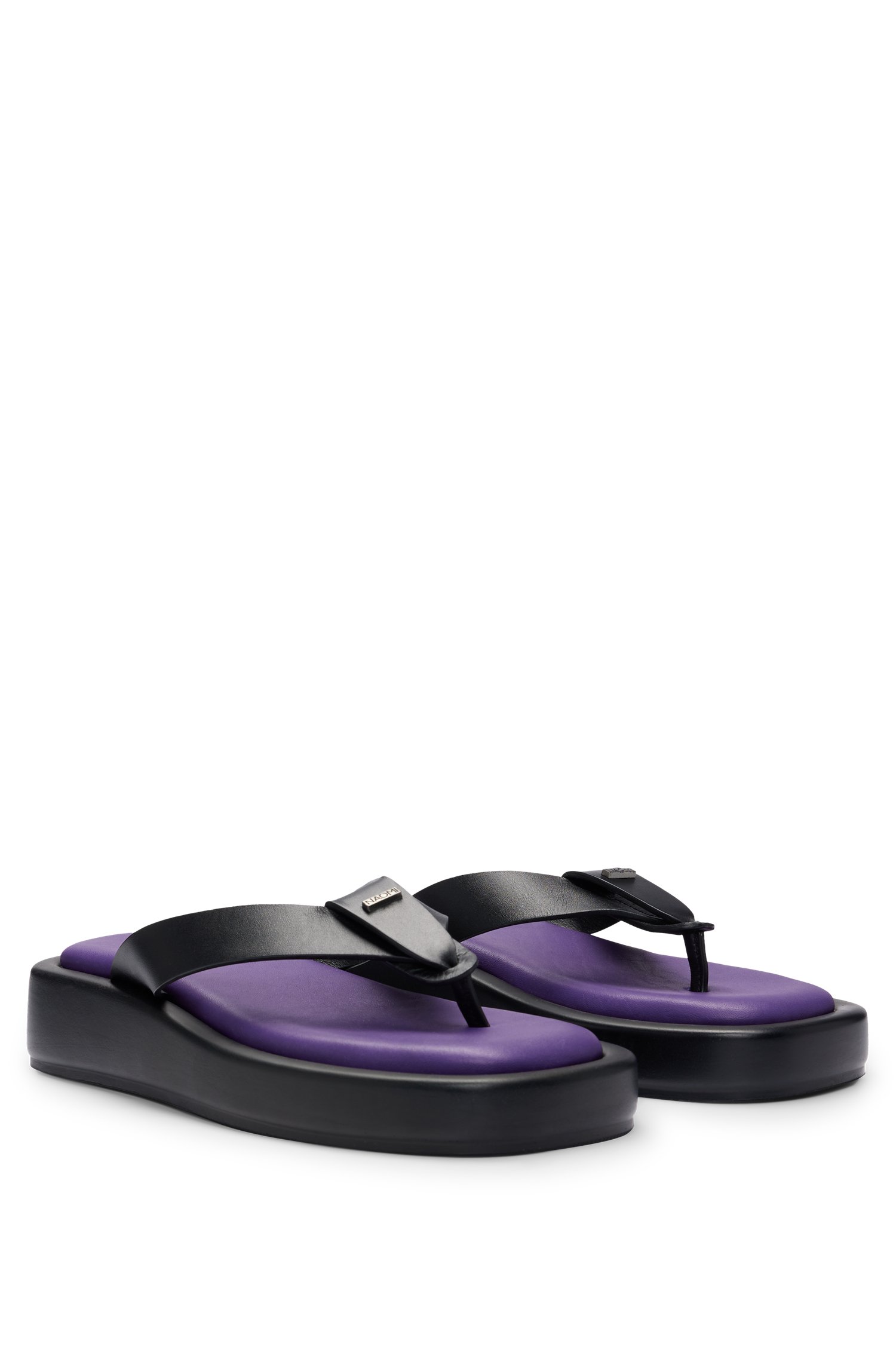 NAOMI x BOSS leather platform thong sandals with branded trim