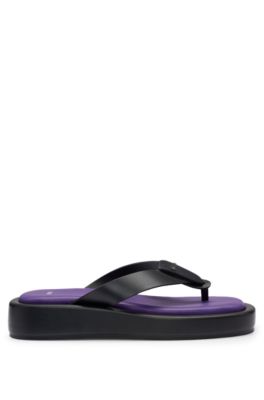 NAOMI x BOSS leather platform thong sandals with branded trim, Black