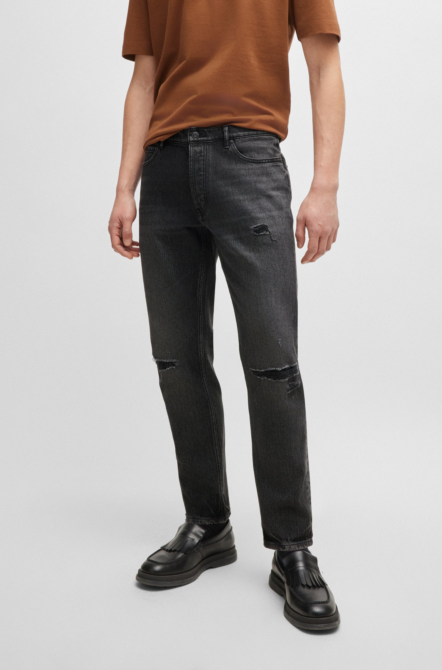 Tapered-fit jeans black distressed denim
